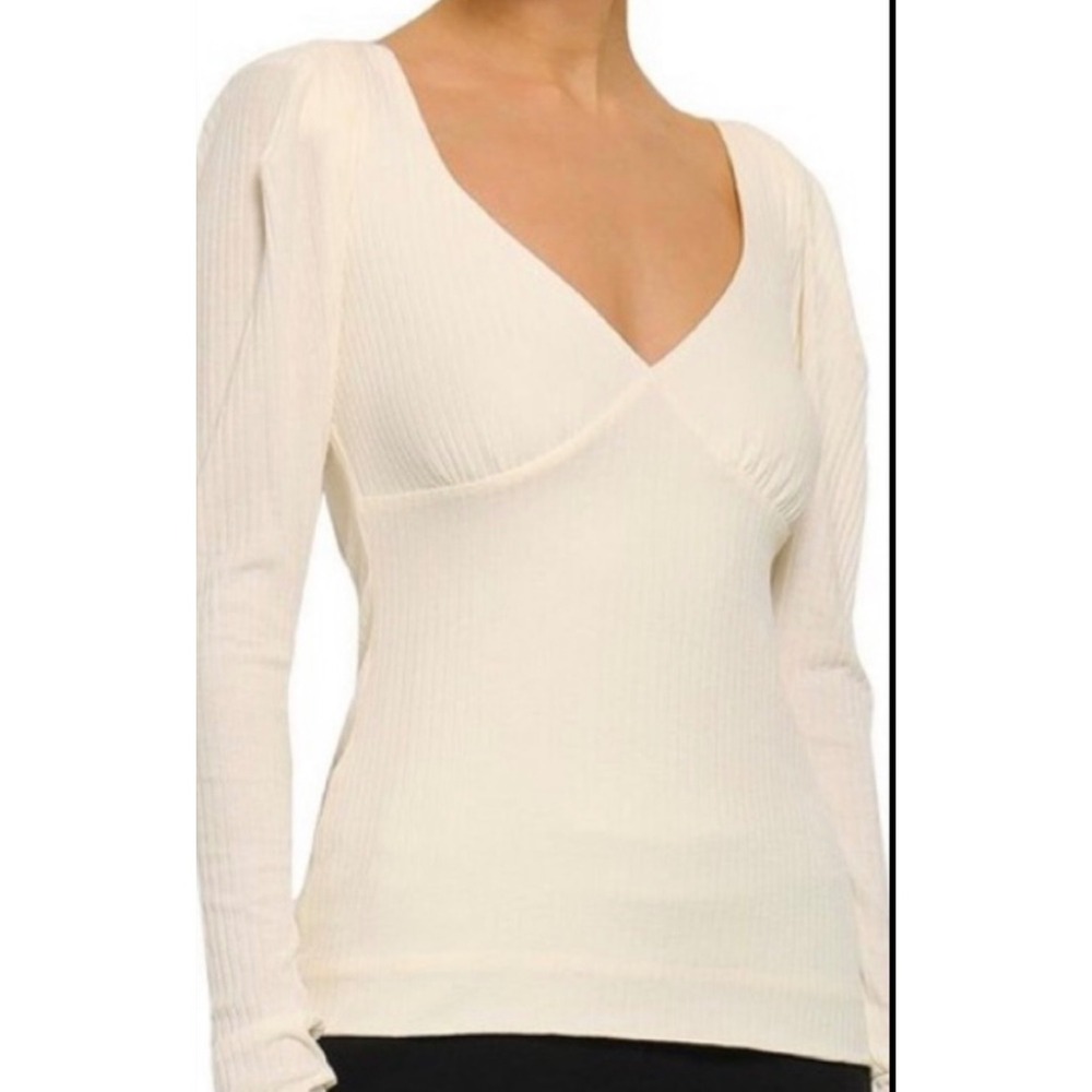 ALC Cream Ribbed V Neck Long Sleeve Puff Sleeve Top Size S
